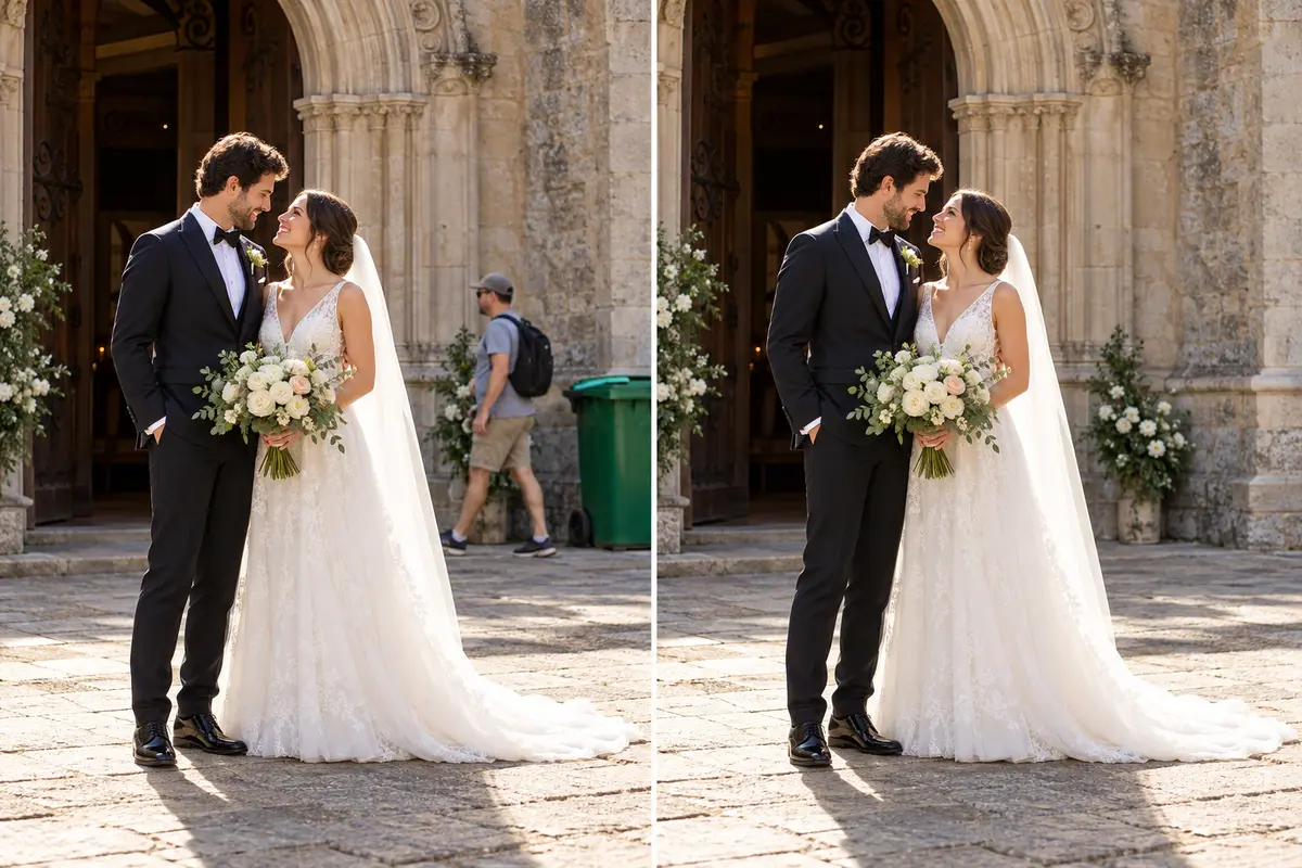 Comparación de una fotografía con elementos de fondo y la misma fotografía con el fondo reconstruido