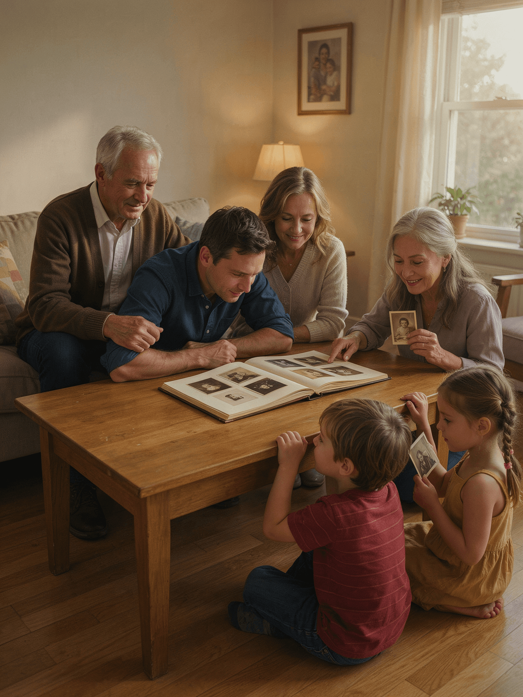 Familia compartiendo recuerdos alrededor de un álbum
